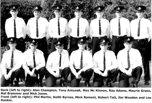Class 106 - Redfern Police Academy - Sworn In 4 April 1966. This Group are the Cadets from that Class. Rear ( L - R ): Alan CHAMPION # 11922, Tony ANTUNAK # 11920, H.M. ' Max ' McKINNON # 11919, Ray ADAMS # 11785, Maurie GREEN # 11784, Mal BRAMMER # 11921, Mick JONES # 11783 Front ( L- R ): Phil MARTIN # 11788, Keith BYRNES # 11787, Mick BAMENT # 11917, Robert TAIT # 11786, Jim WOODEN # 11918, Lee RANKIN # 11924