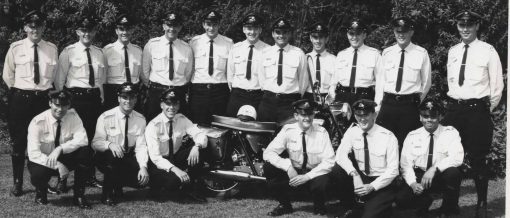 Class 110 - All the Police cyclist's from that Class. Sworn in 3 April 1967. Back Row ( L - R ): ?, ?, ?, ?, ?, ?, ?, ?, ?, ?, ? Front Row: ?, ?, ?, Ron SADLER, ?, 'the Black Prince' Roger DeLivera ( born in Sri Lanka )