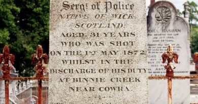 Andrew SUTHERLAND - INSCRIPTION: Sacred to the Memory of Andrew SUTHERLAND Sergt. ( Sergeant ) of Police Native of Wick, Scotland. Aged 31 years Who was shot on the 1st May 1872 whilst in the discharge of his Duty at Binnie Creek near Cowra. " Thou carriest them away as with a flood ; they are as a sleep ; in the morning they are like grass which groweth up. In the morning it flourisheth and groweth up ; in the evening it is cut down and withereth."