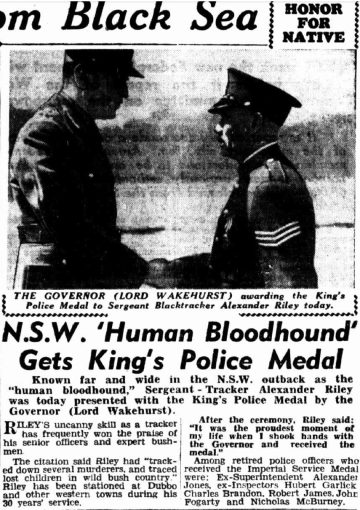 Alexander RILEY 02 - NSWPF - Died 29 October 1970The Governor ( Lord WAKEHURST ) awarding the King's Police Medal to Sergeant Blacktracker Alexander RILEY  KPFSM today. The Daily Mirror, Friday 17 September 1943. Page 5   <br />
