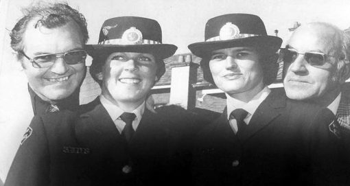 The fathers of two of the women graduates, both police officers congratulate their daughters after the parade. Left to right: Sgt 2nd class Laurie Poulton( # 7590 ) (Internal Affairs branch) his daughter Constable Sandra Poulton ( # 17749 ). Sgt 2nd class Allen Behringer ( # 5216 )( Wellington ) & daughter Denise Behringer ( # 17718 ). Class 156. The fathers of two of the women graduates, both police officers congratulate their daughters after the parade.Left to right: Sgt 2nd class Laurie Poulton ( # 7590 ) (Internal Affairs branch) his daughter Constable Sandra Poulton ( # 17749 ). Sgt 2nd class Allen Behringer ( # 5216 )( Wellington ) & daughter Denise Behringer ( # 17718 ). Class 156 - 12 September 1977.