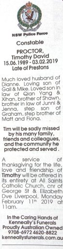 Timothy PROCTOR 12 - NSWPF - Died 1 Feb 2019