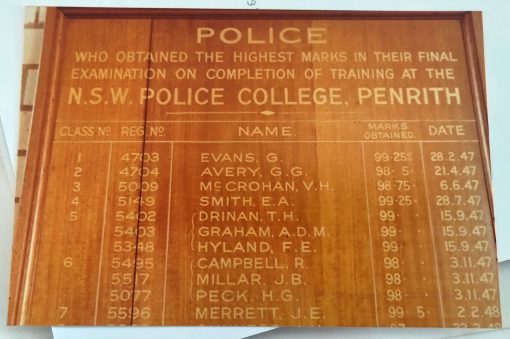 NSW Police College, Penrith. Police who obtained the highest marks in their final examination on completion of training at the NSW Police College, Penrith. 1947 - 1948