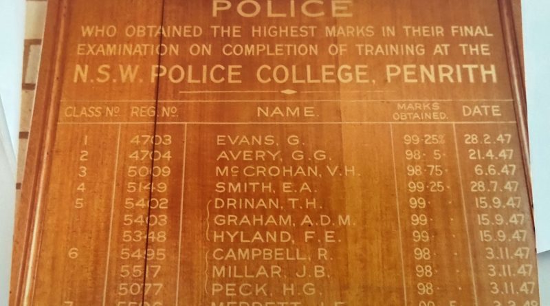 NSW Police College, Penrith. Police who obtained the highest marks in their final examination on completion of training at the NSW Police College, Penrith. 1947 - 1948