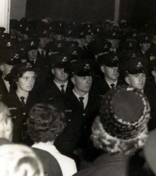 Class 112 From Dave Morris - 26 March 2014: Class 112 swearing in 15.9.67 - rain had washed out the parade so we were moved indoors. I recall Barry Elliott being front row on the left, not sure who is next but then Phil Roots and I remember Phil and Barry were real good mates. About the only other I can place is front row 2nd from the right, Barry Faint and I think the tall Constable with the cap on is Jeff Jarratt, having already been sworn in on his birthday prior to the parade, as Cadets were.