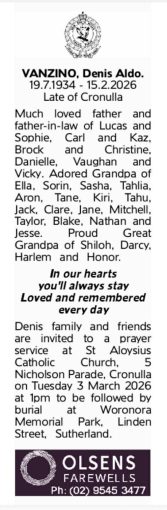 Denis Aldo VANZINO 08 - NSWPF 9816 - Died 16 Feb 2026