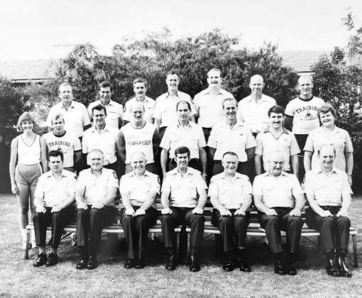 ‘Initial Training Course Staff’ at the Police Academy at Redfern in April, 1982. It included former Liverpool Police Officers - April 1982 Back Row ( L - R ) John URE, SenCon Keith BYRNES, Sgt 3/c John SHIPLEE, Sgt 3/c Jim UNDERHILL, Greg GROGAN, Sgt 3/c Ron BLAKE, Acting Sgt 3/C Graham LANGFORD Middle Row Unnamed female - Vicki ?, Acting Sgt 3/c Fred SCHWETZ, Sgt 3.c Dave KEMP, Sgt 3.c Brian MOORE, SenCon Col COLEMAN, Sgt 3/c Roger FORD, unknown, Sgt Helen MAGNUS Front Row Sgt 3/c Richmond TORNING, Sgt 2/c Brian JOHNSON, Sgt 1/c Bill SMITH, unknown, Sgt 2/c Bob HURST, Peter MOFFATT, Sgt 2/c Terry WESTON