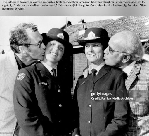 The fathers of two of the women graduates, both police officers congratulate their daughters after the parade. Left to right: Sgt 2nd class Laurie Poulton( # 7590 ) (Internal Affairs branch) his daughter Constable Sandra Poulton ( # 17749 ). Sgt 2nd class Allen Behringer ( # 5216 )( Wellington ) & daughter Denise Behringer ( # 17718 ). Class 156.