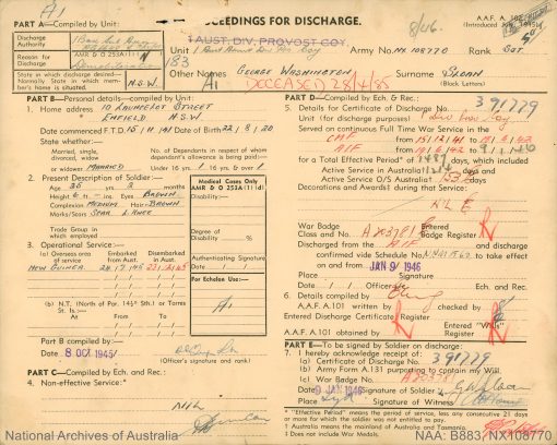 George Washington SLOAN   <br /> AKA George SLOAN   <br /> Nickname:  ?  <br /> Late of   ?  <br /> Relations in 'the job'   ?   <br /> "possible" relation in 'the job':    ?   <br /> NSW Police Training College - Penrith   Class #    ?  ?  ?   <br /> New South Wales Police Force     <br /> Regd. #  6281       <br /> Rank:  Commenced Training at Penrith Police Academy on Monday 18 October 1948  ( aged  28  years,  1  months,  26  days )    <br /> Probationary Constable - appointed   ? ? ?  ( aged   ?  years,   ?  months,   ?  days )    <br /> Constable - appointed   ? ? ?   <br /> Constable 1st Class - appointed   ? ? ?         <br /> Detective - appointed   ? ? ?       <br /> Senior Constable - appointed   ? ? ?       <br /> Leading Senior Constable - appointed   ? ? ? ( N/A )      <br /> Sergeant 3rd Class - appointed 26 October 1966   <br /> Sergeant 2nd Class - appointed  31 January 1974   <br /> Sergeant 1st Class - appointed   ? ? ?     <br /> Appears in the 1975 'Stud Book' but not the 1977 issue. <br /> Final Rank: =  Sergeant 2nd Class   <br /> Stations:   ?, Missing Person Bureau ( O.I.C. )( c1972 )     <br /> Service ( From Training Date ) period: From 18 October 1948     to     29 October 1975  =    27  years,    0  months,    11  days Service     <br /> World War II<br /> Regiment:                                    Australian Army<br /> Enlisted:                                      19 June 1942<br /> Service #                                      NX108770  -    /      ( N265023 )( Enlisted 28 May 1941 )( was Single &amp; living at 9 Wilson St, Wollongong, NSW )<br /> Rank:                                            Sergeant