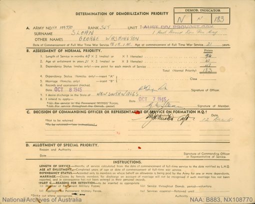 George Washington SLOAN   <br /> AKA George SLOAN   <br /> Nickname:  ?  <br /> Late of   ?  <br /> Relations in 'the job'   ?   <br /> "possible" relation in 'the job':    ?   <br /> NSW Police Training College - Penrith   Class #    ?  ?  ?   <br /> New South Wales Police Force     <br /> Regd. #  6281       <br /> Rank:  Commenced Training at Penrith Police Academy on Monday 18 October 1948  ( aged  28  years,  1  months,  26  days )    <br /> Probationary Constable - appointed   ? ? ?  ( aged   ?  years,   ?  months,   ?  days )    <br /> Constable - appointed   ? ? ?   <br /> Constable 1st Class - appointed   ? ? ?         <br /> Detective - appointed   ? ? ?       <br /> Senior Constable - appointed   ? ? ?       <br /> Leading Senior Constable - appointed   ? ? ? ( N/A )      <br /> Sergeant 3rd Class - appointed 26 October 1966   <br /> Sergeant 2nd Class - appointed  31 January 1974   <br /> Sergeant 1st Class - appointed   ? ? ?     <br /> Appears in the 1975 'Stud Book' but not the 1977 issue. <br /> Final Rank: =  Sergeant 2nd Class   <br /> Stations:   ?, Missing Person Bureau ( O.I.C. )( c1972 )     <br /> Service ( From Training Date ) period: From 18 October 1948     to     29 October 1975  =    27  years,    0  months,    11  days Service     <br /> World War II<br /> Regiment:                                    Australian Army<br /> Enlisted:                                      19 June 1942<br /> Service #                                      NX108770  -    /      ( N265023 )( Enlisted 28 May 1941 )( was Single &amp; living at 9 Wilson St, Wollongong, NSW )<br /> Rank:                                            Sergeant