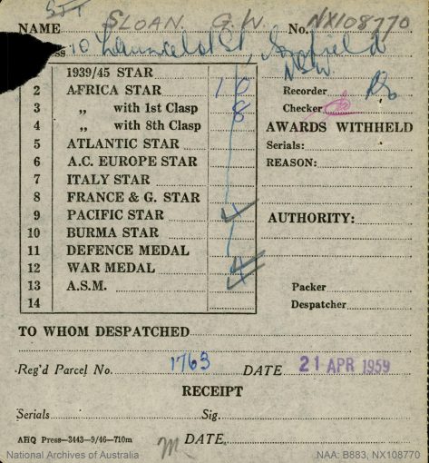 George Washington SLOAN   <br /> AKA George SLOAN   <br /> Nickname:  ?  <br /> Late of   ?  <br /> Relations in 'the job'   ?   <br /> "possible" relation in 'the job':    ?   <br /> NSW Police Training College - Penrith   Class #    ?  ?  ?   <br /> New South Wales Police Force     <br /> Regd. #  6281       <br /> Rank:  Commenced Training at Penrith Police Academy on Monday 18 October 1948  ( aged  28  years,  1  months,  26  days )    <br /> Probationary Constable - appointed   ? ? ?  ( aged   ?  years,   ?  months,   ?  days )    <br /> Constable - appointed   ? ? ?   <br /> Constable 1st Class - appointed   ? ? ?         <br /> Detective - appointed   ? ? ?       <br /> Senior Constable - appointed   ? ? ?       <br /> Leading Senior Constable - appointed   ? ? ? ( N/A )      <br /> Sergeant 3rd Class - appointed 26 October 1966   <br /> Sergeant 2nd Class - appointed  31 January 1974   <br /> Sergeant 1st Class - appointed   ? ? ?     <br /> Appears in the 1975 'Stud Book' but not the 1977 issue. <br /> Final Rank: =  Sergeant 2nd Class   <br /> Stations:   ?, Missing Person Bureau ( O.I.C. )( c1972 )     <br /> Service ( From Training Date ) period: From 18 October 1948     to     29 October 1975  =    27  years,    0  months,    11  days Service     <br /> World War II<br /> Regiment:                                    Australian Army<br /> Enlisted:                                      19 June 1942<br /> Service #                                      NX108770  -    /      ( N265023 )( Enlisted 28 May 1941 )( was Single &amp; living at 9 Wilson St, Wollongong, NSW )<br /> Rank:                                            Sergeant