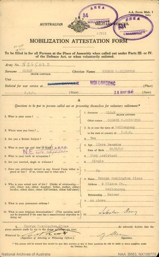 George Washington SLOAN   <br /> AKA George SLOAN   <br /> Nickname:  ?  <br /> Late of   ?  <br /> Relations in 'the job'   ?   <br /> "possible" relation in 'the job':    ?   <br /> NSW Police Training College - Penrith   Class #    ?  ?  ?   <br /> New South Wales Police Force     <br /> Regd. #  6281       <br /> Rank:  Commenced Training at Penrith Police Academy on Monday 18 October 1948  ( aged  28  years,  1  months,  26  days )    <br /> Probationary Constable - appointed   ? ? ?  ( aged   ?  years,   ?  months,   ?  days )    <br /> Constable - appointed   ? ? ?   <br /> Constable 1st Class - appointed   ? ? ?         <br /> Detective - appointed   ? ? ?       <br /> Senior Constable - appointed   ? ? ?       <br /> Leading Senior Constable - appointed   ? ? ? ( N/A )      <br /> Sergeant 3rd Class - appointed 26 October 1966   <br /> Sergeant 2nd Class - appointed  31 January 1974   <br /> Sergeant 1st Class - appointed   ? ? ?     <br /> Appears in the 1975 'Stud Book' but not the 1977 issue. <br /> Final Rank: =  Sergeant 2nd Class   <br /> Stations:   ?, Missing Person Bureau ( O.I.C. )( c1972 )     <br /> Service ( From Training Date ) period: From 18 October 1948     to     29 October 1975  =    27  years,    0  months,    11  days Service     <br /> World War II<br /> Regiment:                                    Australian Army<br /> Enlisted:                                      19 June 1942<br /> Service #                                      NX108770  -    /      ( N265023 )( Enlisted 28 May 1941 )( was Single &amp; living at 9 Wilson St, Wollongong, NSW )<br /> Rank:                                            Sergeant