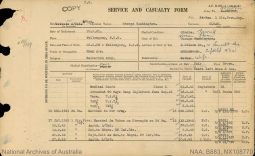 George Washington SLOAN   <br /> AKA George SLOAN   <br /> Nickname:  ?  <br /> Late of   ?  <br /> Relations in 'the job'   ?   <br /> "possible" relation in 'the job':    ?   <br /> NSW Police Training College - Penrith   Class #    ?  ?  ?   <br /> New South Wales Police Force     <br /> Regd. #  6281       <br /> Rank:  Commenced Training at Penrith Police Academy on Monday 18 October 1948  ( aged  28  years,  1  months,  26  days )    <br /> Probationary Constable - appointed   ? ? ?  ( aged   ?  years,   ?  months,   ?  days )    <br /> Constable - appointed   ? ? ?   <br /> Constable 1st Class - appointed   ? ? ?         <br /> Detective - appointed   ? ? ?       <br /> Senior Constable - appointed   ? ? ?       <br /> Leading Senior Constable - appointed   ? ? ? ( N/A )      <br /> Sergeant 3rd Class - appointed 26 October 1966   <br /> Sergeant 2nd Class - appointed  31 January 1974   <br /> Sergeant 1st Class - appointed   ? ? ?     <br /> Appears in the 1975 'Stud Book' but not the 1977 issue. <br /> Final Rank: =  Sergeant 2nd Class   <br /> Stations:   ?, Missing Person Bureau ( O.I.C. )( c1972 )     <br /> Service ( From Training Date ) period: From 18 October 1948     to     29 October 1975  =    27  years,    0  months,    11  days Service     <br /> World War II<br /> Regiment:                                    Australian Army<br /> Enlisted:                                      19 June 1942<br /> Service #                                      NX108770  -    /      ( N265023 )( Enlisted 28 May 1941 )( was Single &amp; living at 9 Wilson St, Wollongong, NSW )<br /> Rank:                                            Sergeant