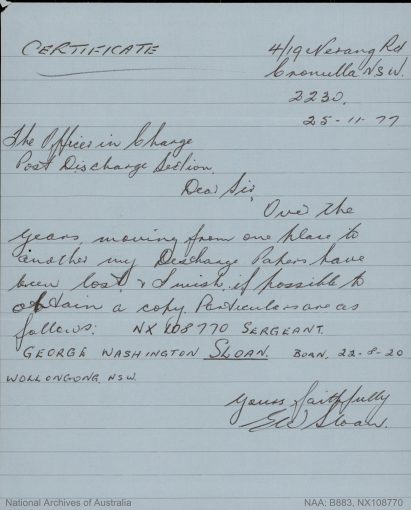 George Washington SLOAN   <br /> AKA George SLOAN   <br /> Nickname:  ?  <br /> Late of   ?  <br /> Relations in 'the job'   ?   <br /> "possible" relation in 'the job':    ?   <br /> NSW Police Training College - Penrith   Class #    ?  ?  ?   <br /> New South Wales Police Force     <br /> Regd. #  6281       <br /> Rank:  Commenced Training at Penrith Police Academy on Monday 18 October 1948  ( aged  28  years,  1  months,  26  days )    <br /> Probationary Constable - appointed   ? ? ?  ( aged   ?  years,   ?  months,   ?  days )    <br /> Constable - appointed   ? ? ?   <br /> Constable 1st Class - appointed   ? ? ?         <br /> Detective - appointed   ? ? ?       <br /> Senior Constable - appointed   ? ? ?       <br /> Leading Senior Constable - appointed   ? ? ? ( N/A )      <br /> Sergeant 3rd Class - appointed 26 October 1966   <br /> Sergeant 2nd Class - appointed  31 January 1974   <br /> Sergeant 1st Class - appointed   ? ? ?     <br /> Appears in the 1975 'Stud Book' but not the 1977 issue. <br /> Final Rank: =  Sergeant 2nd Class   <br /> Stations:   ?, Missing Person Bureau ( O.I.C. )( c1972 )     <br /> Service ( From Training Date ) period: From 18 October 1948     to     29 October 1975  =    27  years,    0  months,    11  days Service     <br /> World War II<br /> Regiment:                                    Australian Army<br /> Enlisted:                                      19 June 1942<br /> Service #                                      NX108770  -    /      ( N265023 )( Enlisted 28 May 1941 )( was Single &amp; living at 9 Wilson St, Wollongong, NSW )<br /> Rank:                                            Sergeant