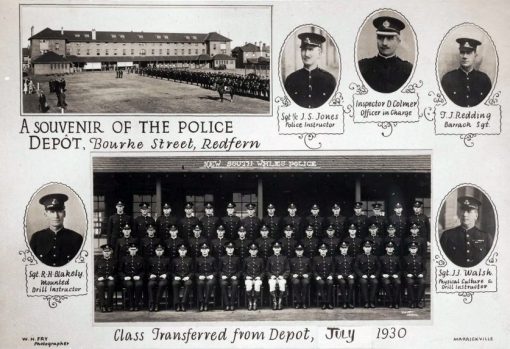 Photographic souvenir postcard depicting the class transferred from the Police Depot, Bourke St, Redfern, July 1930Sgt 1/c J.S. JONES - Police Instructor, Ins. D. COLMER - O.I.C., T.J. REDDING - Barrack Sgt, Sgt R.H. BLAKELY, Mounted Drill Instrucotor, Sgt James Johnstone WALASH # Q 9654 - Physical Culture & Drill Instructor.