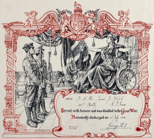 King's Certificate of Discharge issued to Battery Sergeant Major James Johnstone Walsh for service in the AIF during the First World War
