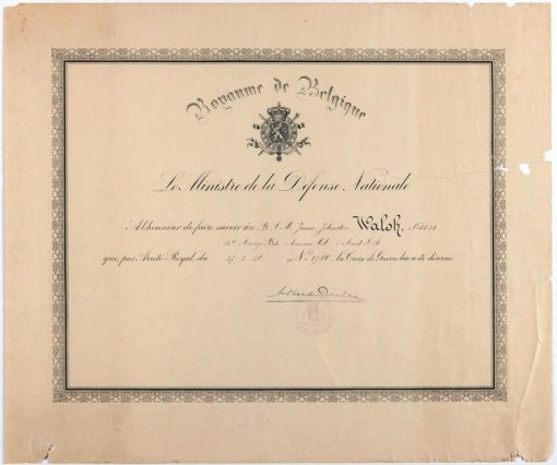 Certificate sent to Battery Sergeant Major James Johnstone Walsh to accompany his award of the Belgian Croix de Guerre