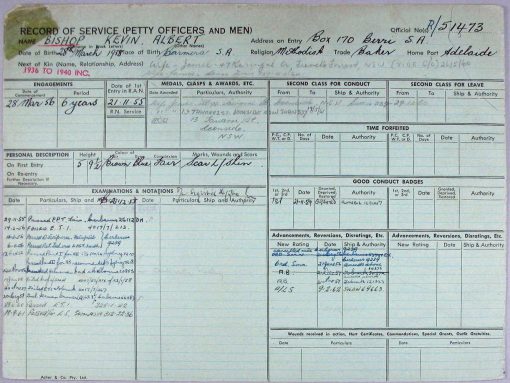 Kevin Albert BISHOP   <br />AKA Kevin BISHOP, Kev BISHOP, Bish  - R.A.N. Service card P1 of 2<br /> <br /> 