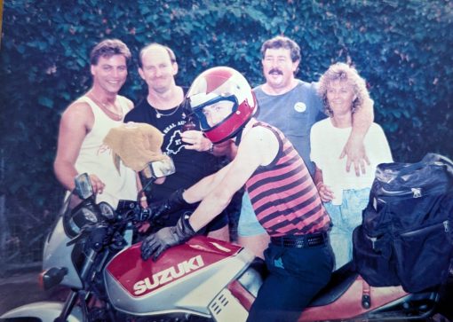 Late John Burgess, Paul Winfield, Stan and Jo Lunn. Stephen Molloy on the bike. 1987ish at Balmain Police Stn.