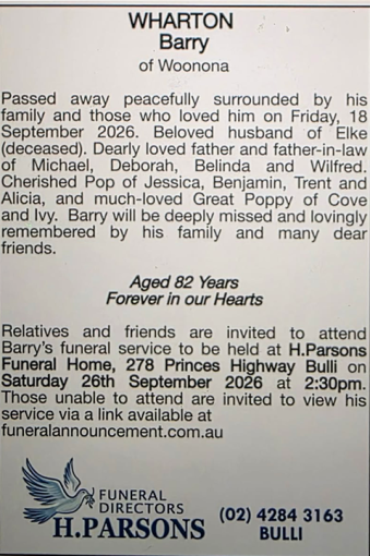 Barry Maxwell WHARTON 05 - NSWPF 10508 - Died 18 Sept 2026