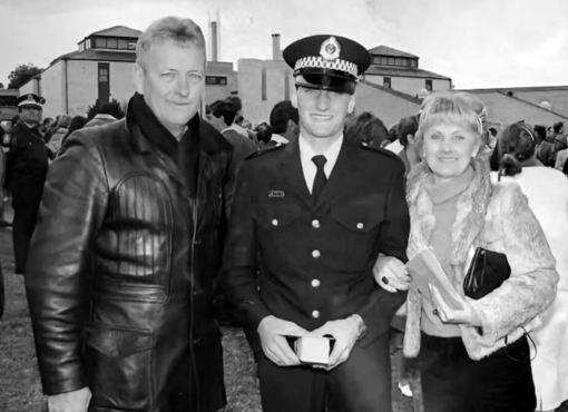 Barry WHARTON with his son, Michael WHARTON and wife / mother - Elki WHARTON at the NSW Police Academy for the Attestation of Michael, from Class 212 on Friday 26 July 1985.