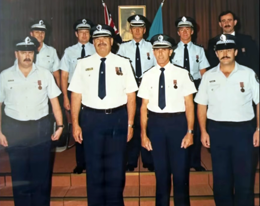 Possibly a Long Service Medal presentation for NSW Police - possibly c1996.</p><p>Back Row: ( L - R ) ?, ?, Barry WHARTON, ?, ?</p><p>Front Row: ?, ?, ?, ?